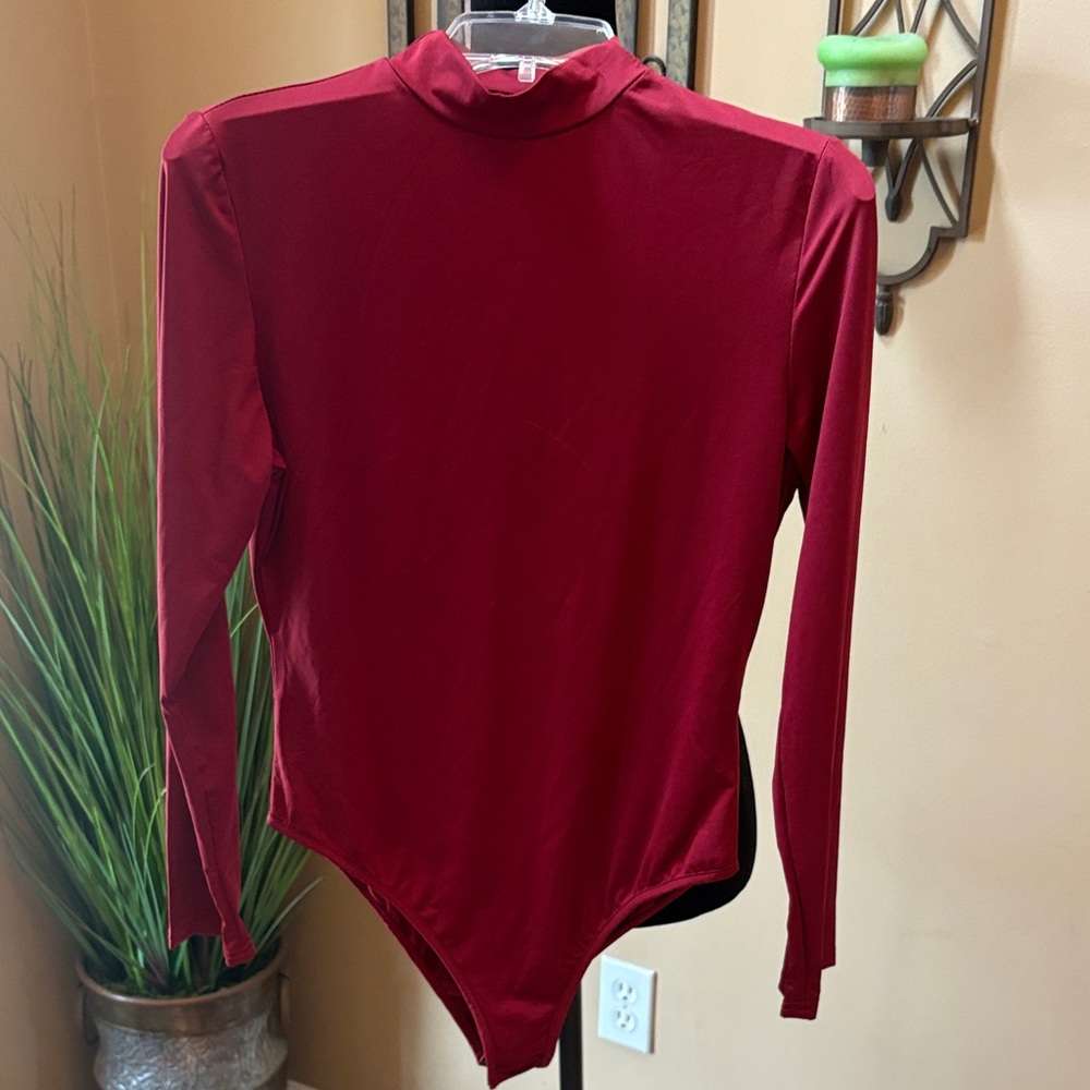 SHEIN Dark Red Long Sleeve Bodysuit With Mock Neck